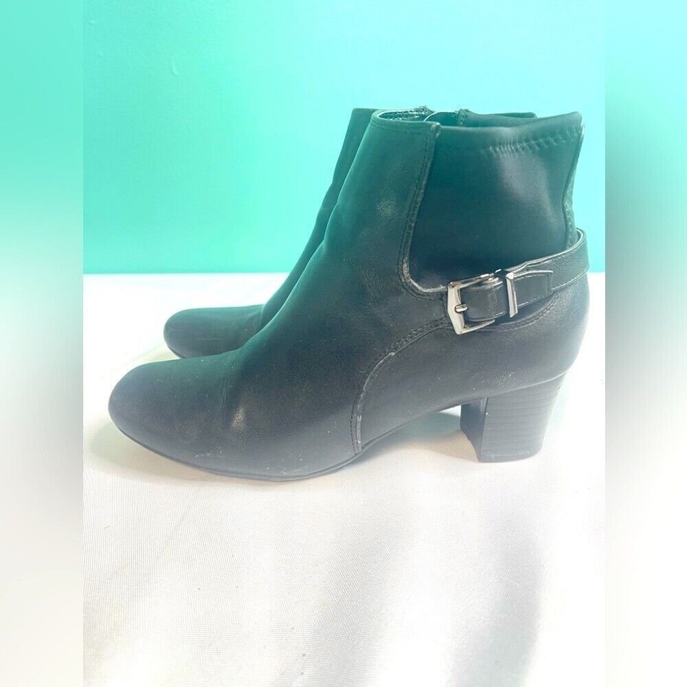 Black leather buckle booties size 6